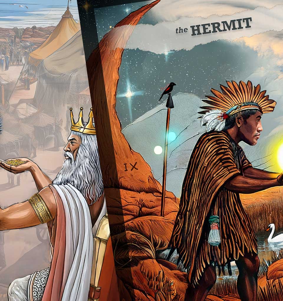 A stacked pair of tarot cards from the Tarot Passport: Guideposts deck featuring The Emperor and The Hermit, captured in a moment of contrast and mystery