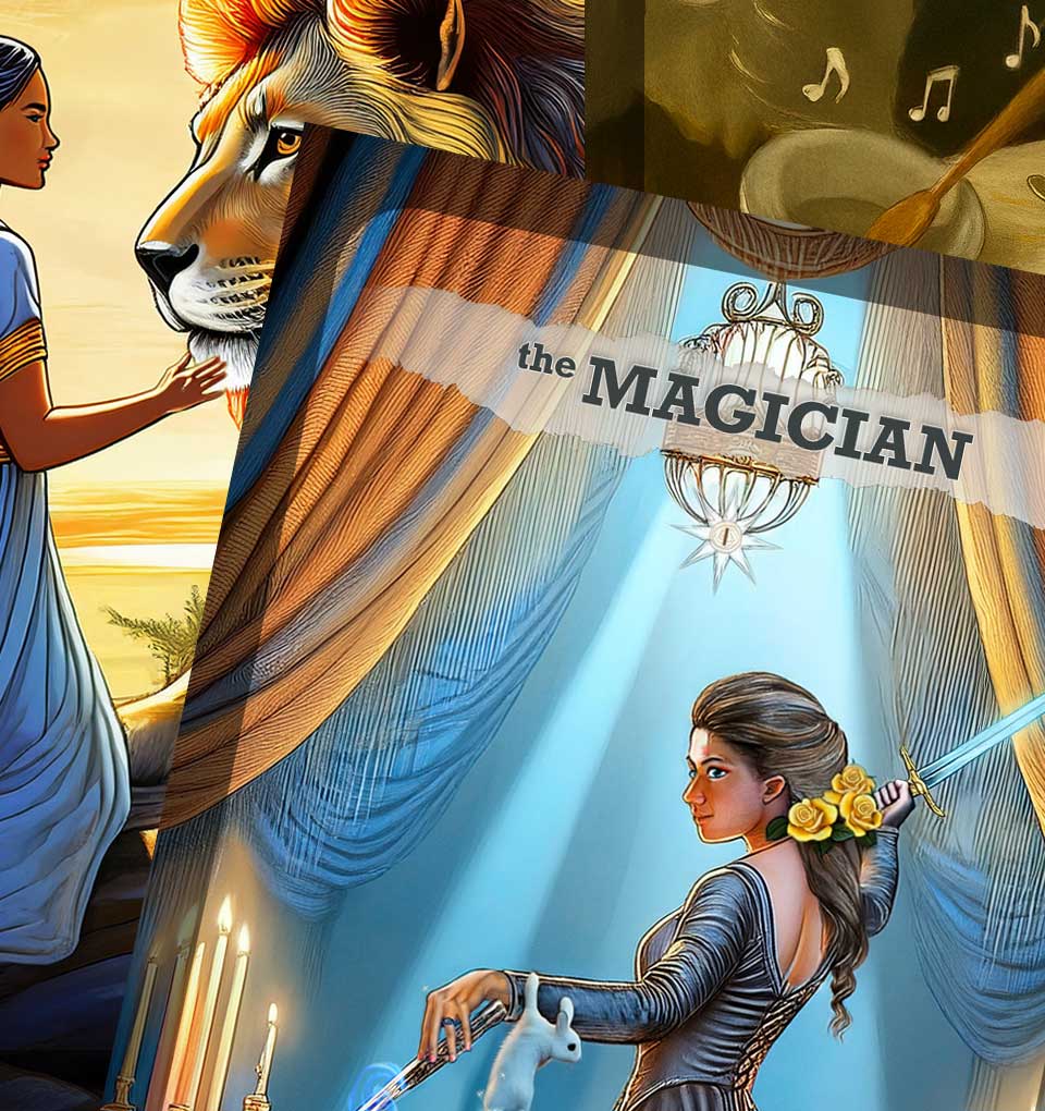 A layered display of tarot cards from the Guideposts deck, with Strength and The Magician in full view and a corner of the Five of Wands peeking from behind